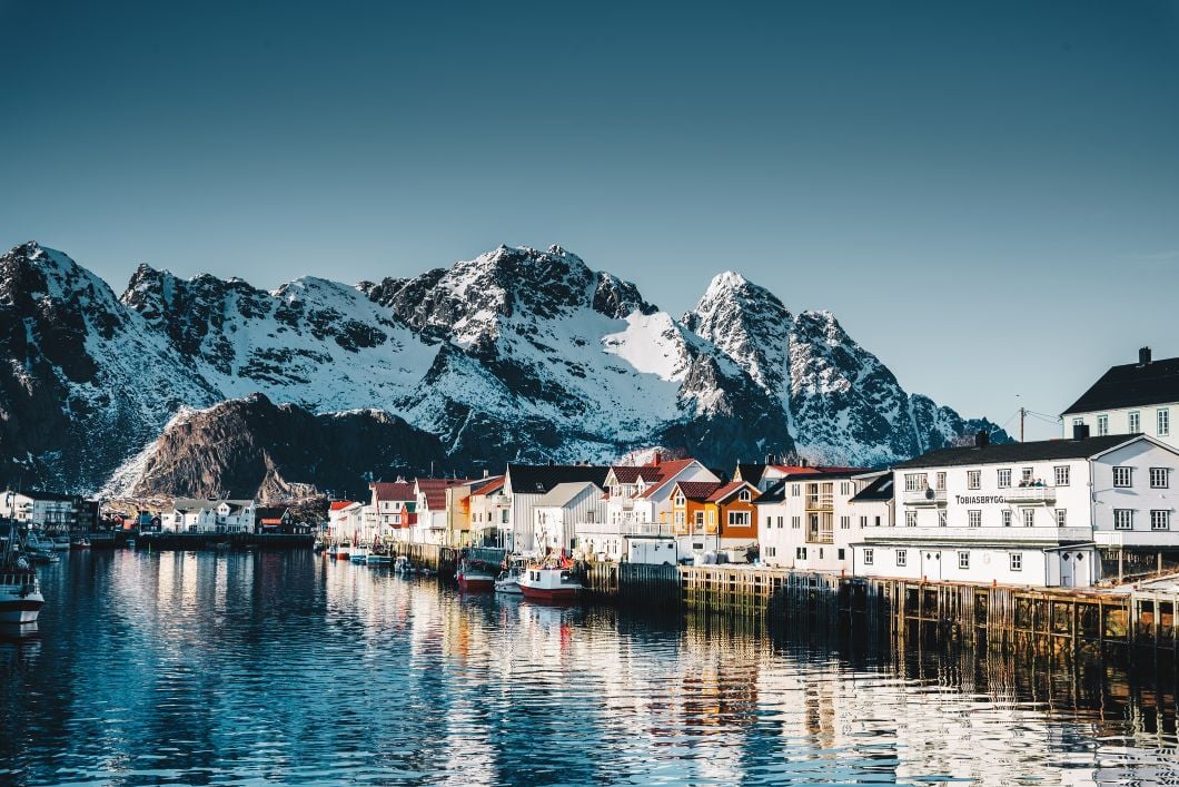 Henningsvær village in the Lofoten Islands. Despite being so far north, the islands can be warmer than you may think
