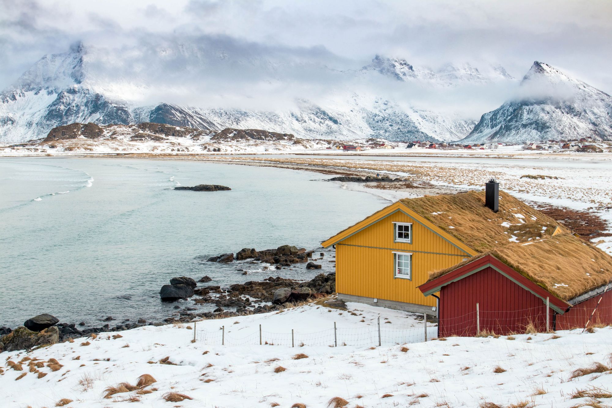 Small, red-painted fisherman's cabins can be found all over Lofoten Islands, known as rorbuer