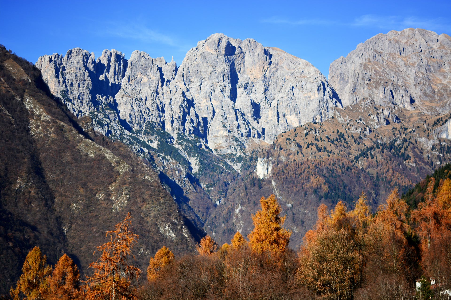 The craggy peaks of the Dolomites, on an autumn day.