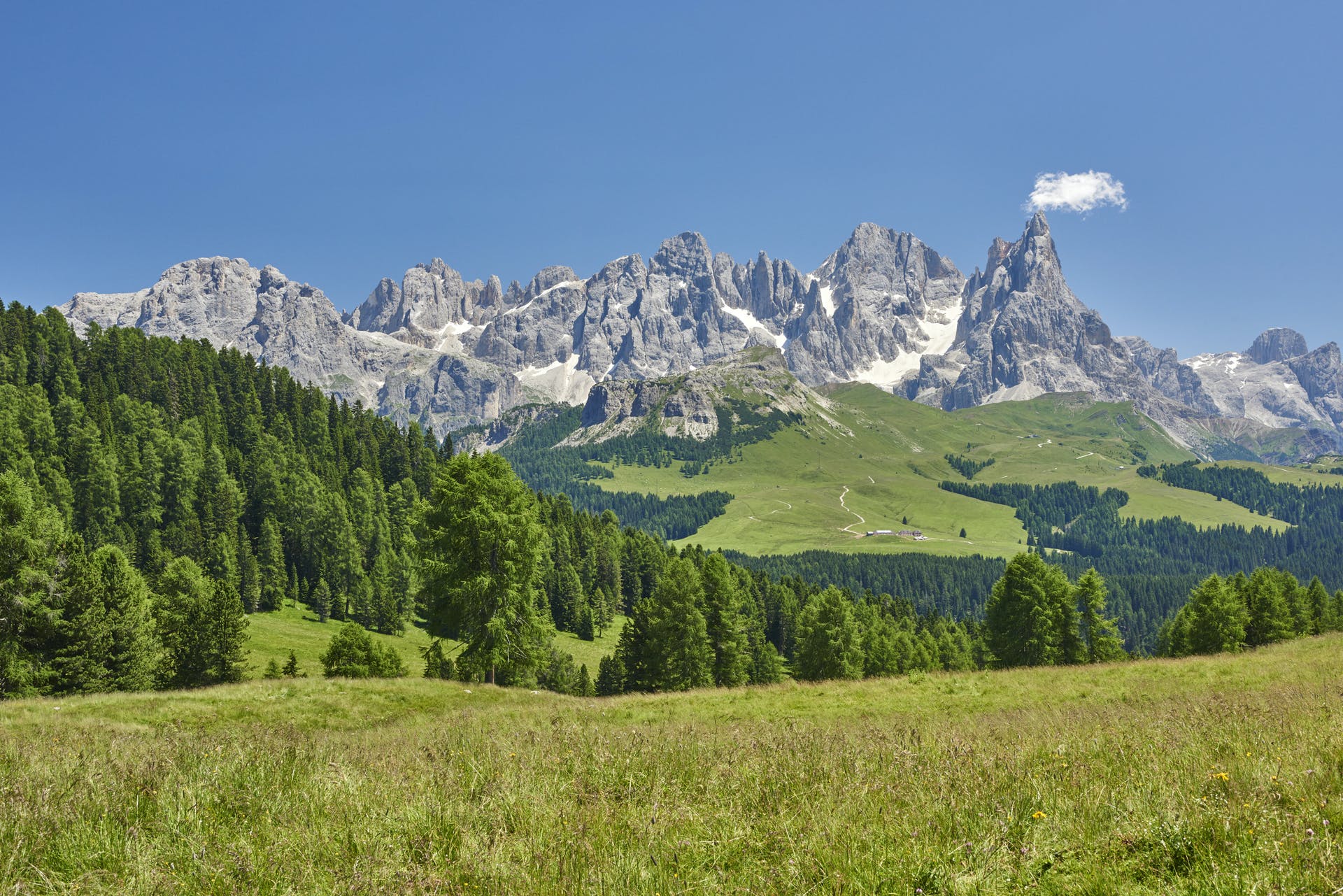 A view of the Dolomites on a sunny day.