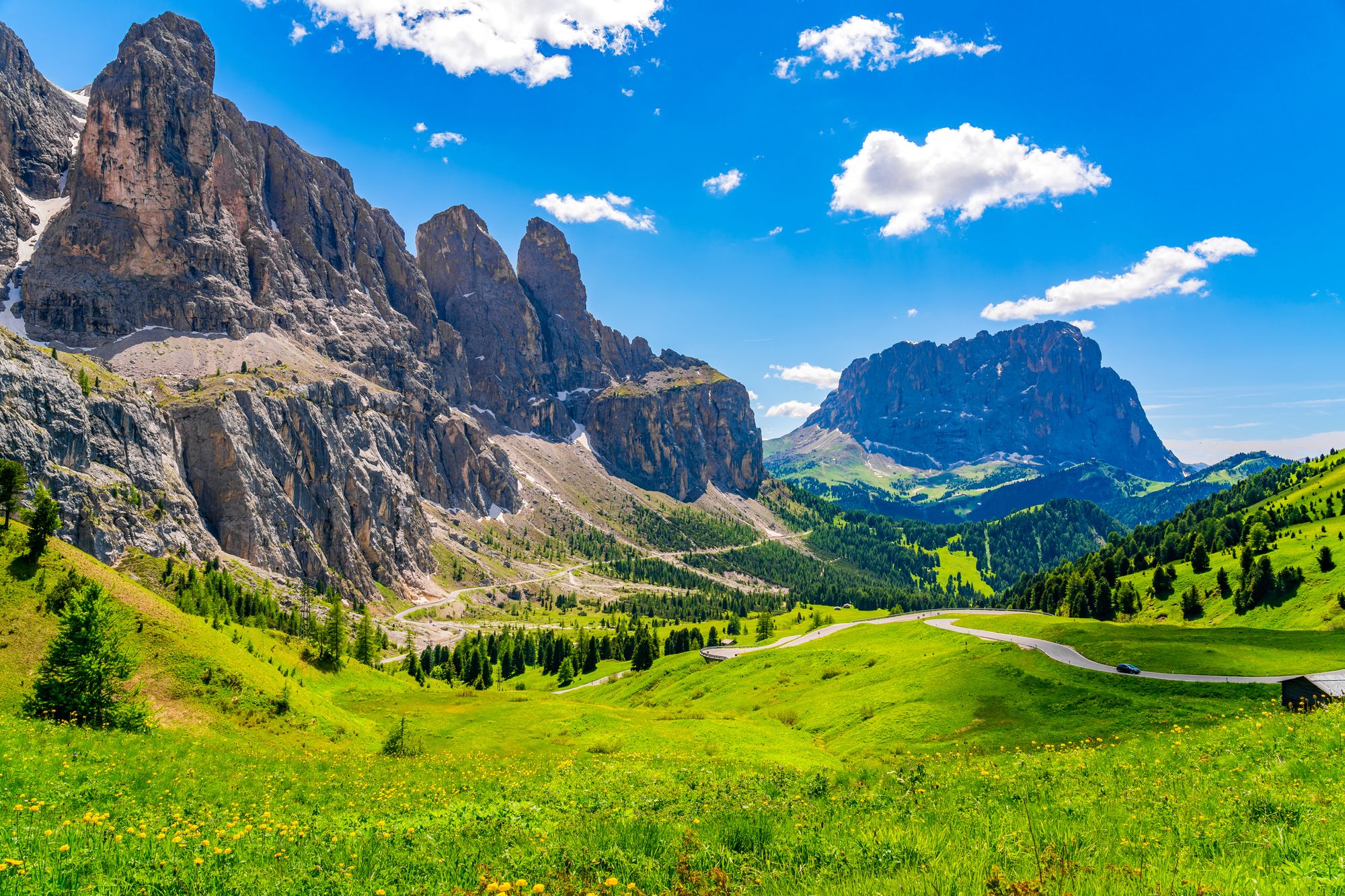 The Gardena Pass in the Dolomites, with Monte Sassolungo in the background
