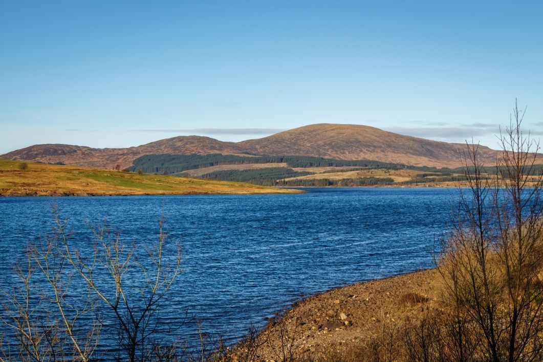Clatteringshaws Loch in Dumfries & Galloway, on the Southern Upland Way.
