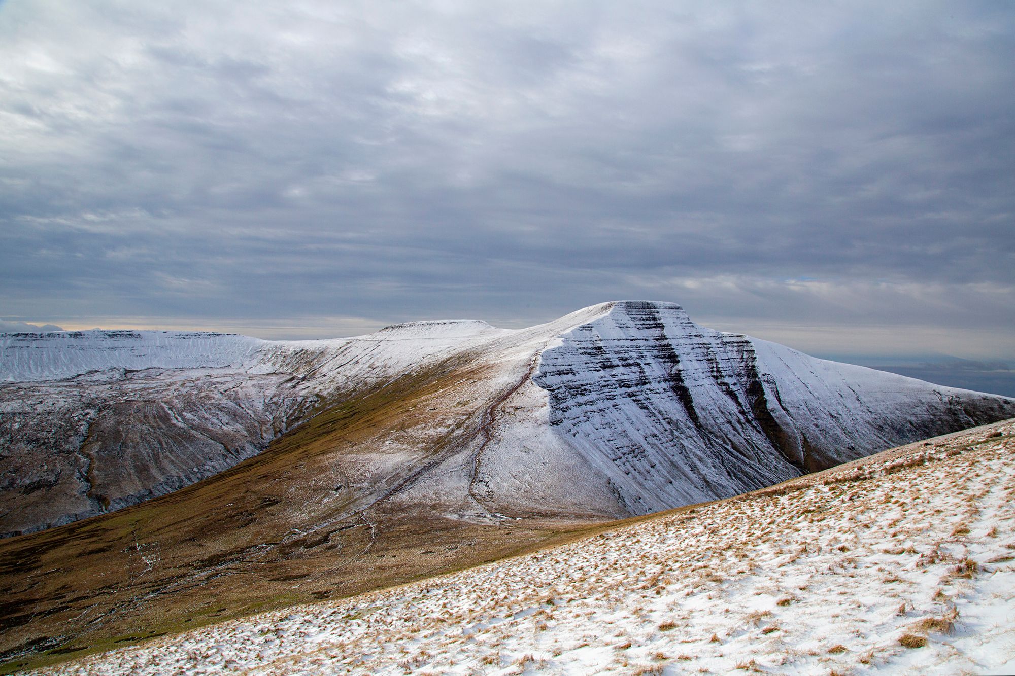 Pen y Fan covered in a light dusting of snow.