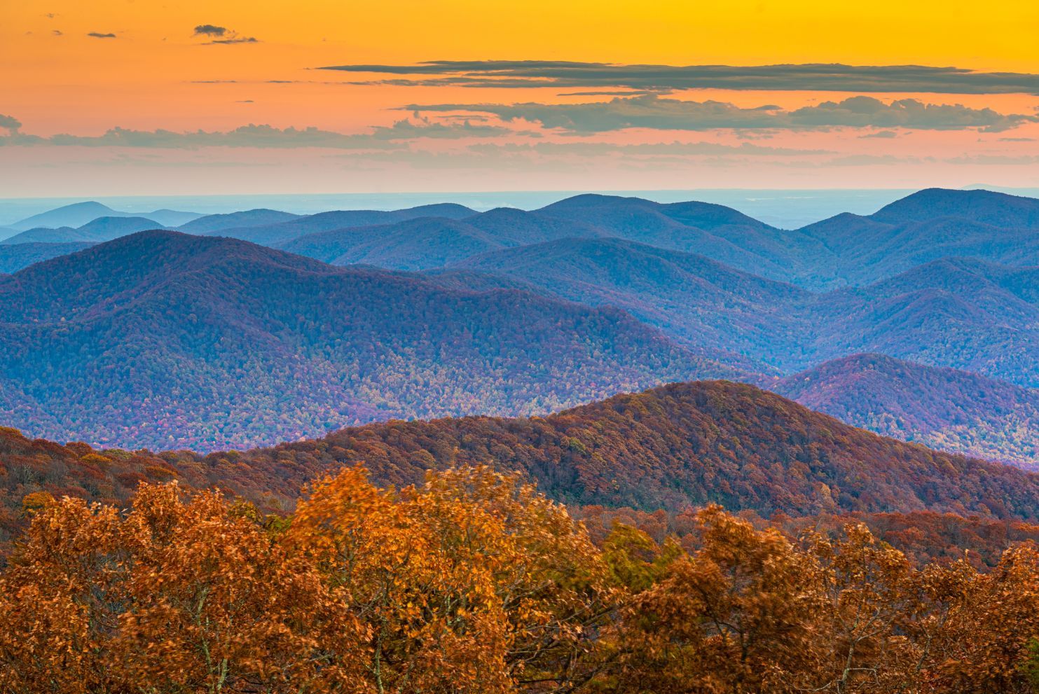 A stunning sunset over the Blue Ridge Mountains, at sunset in North Georgia, USA