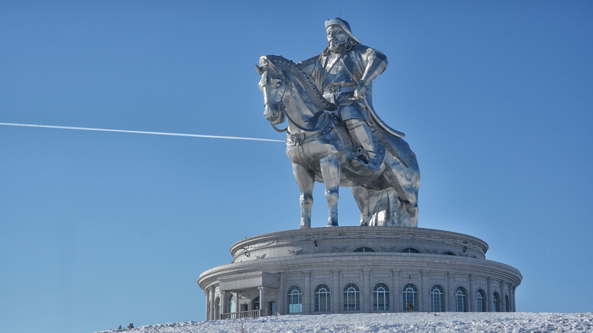 The Chinggis Khaan equestrian statue, 45-miles east of the capital city of Ulaanbaatar, in Mongolia.