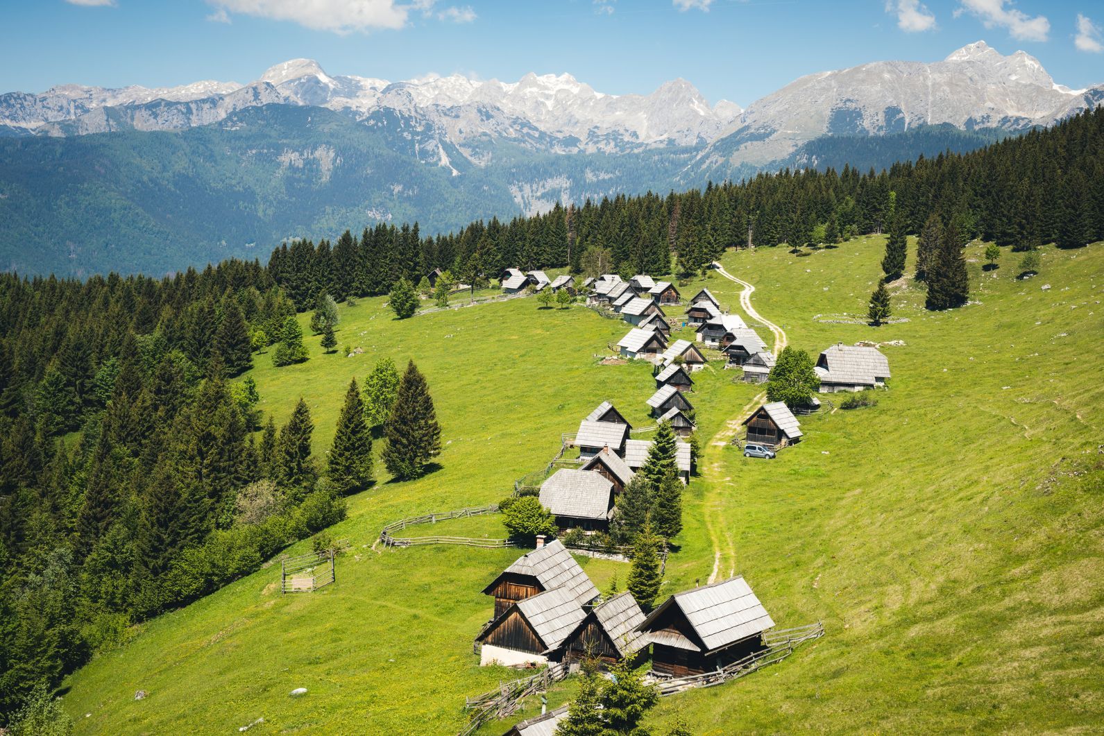 The idyllic alpine village on Planina Zajamniki (Pokljuka plateau), one of the fastest routes to the top of Triglav