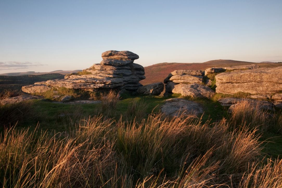 Combestone Tor in the early morning light, while hiking on Dartmoor