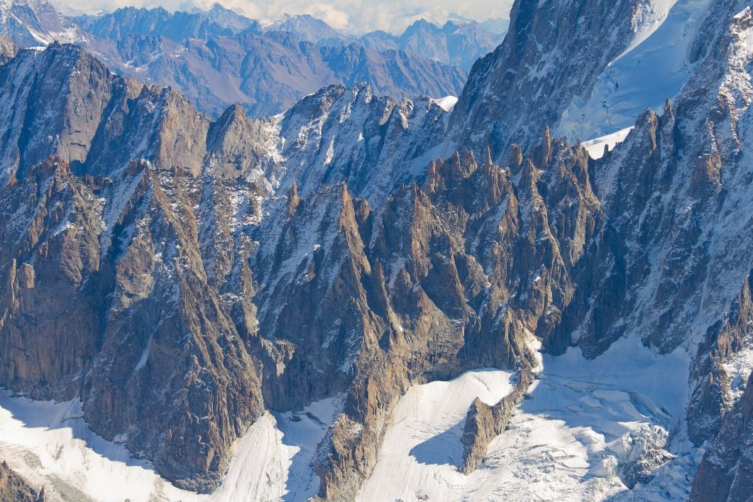 A view of the remarkable Les Grandes Jorasses on the Tour du Mont Blanc.