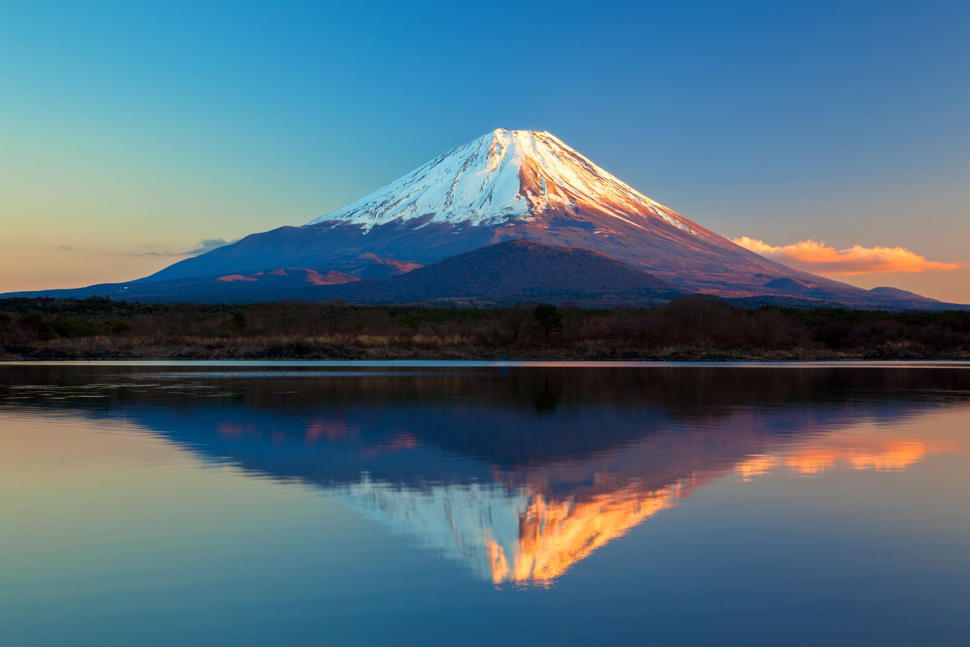 The UNESCO-listed Mount Fuji, with Lake Shoji in the foreground.