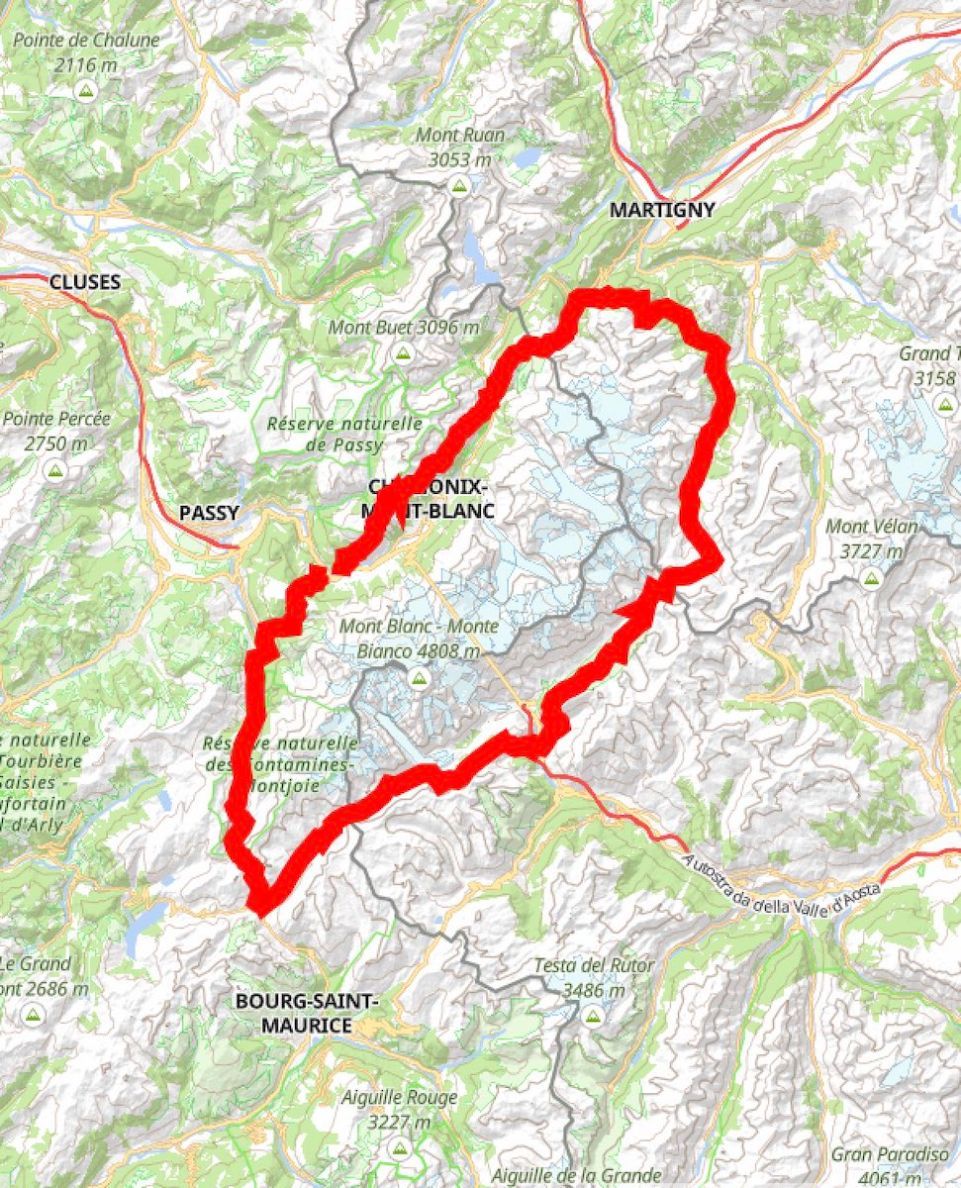 A map of the Tour du Mont Blanc hiking route