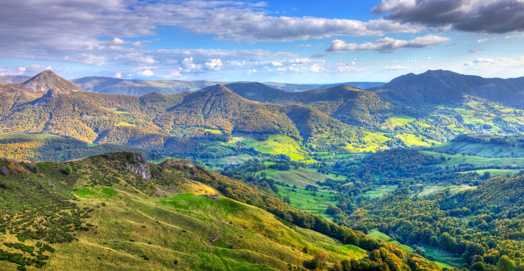 Beautiful panorama of the peaks, plateaus and valleys in Auvergne in The Central Massif