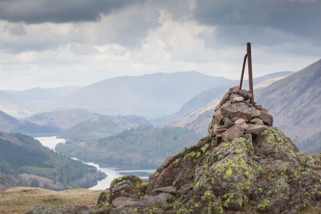 The Steel Fell summit cairn and the view to Thirlmere. Just some of the stunning Wainwrights in the Lake District