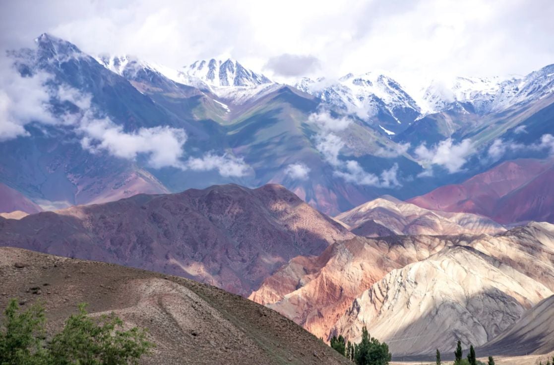A view of the multicoloured Tien Shan mountains, which sit on the boundaries of China, Kyrgyzstan and Kazakhstan. 