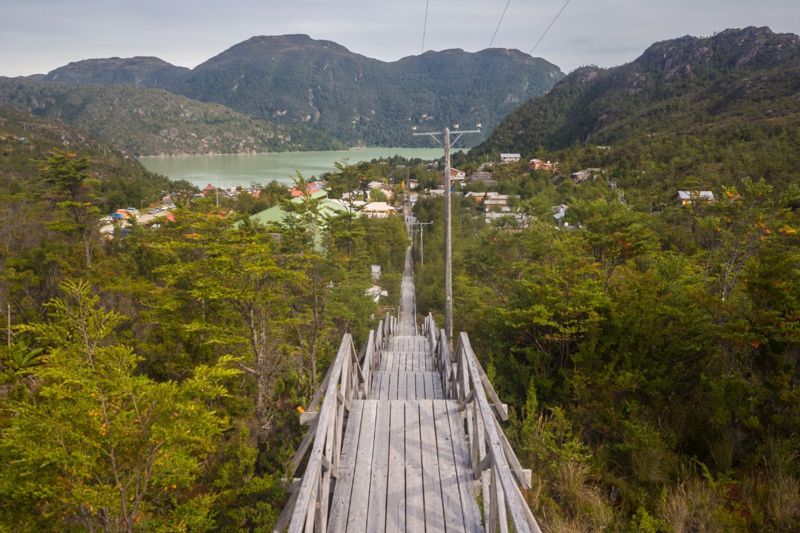 Wooden stairs leading to the Caleta Tortel, a small fishing village in the remote part of southern Chilean Patagonia