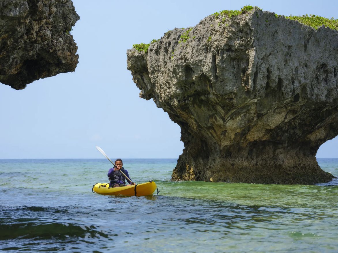 A sea kayaker paddling around Japan's Izu Peninsula.