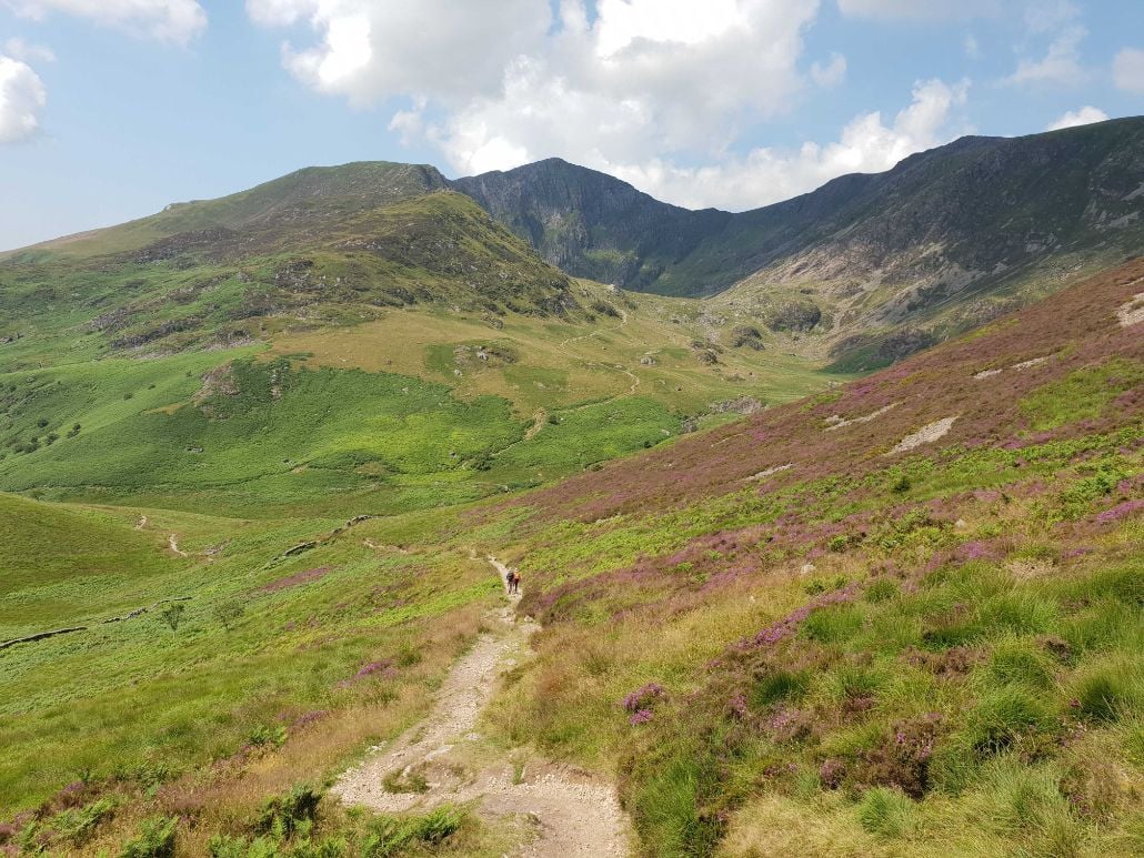 Cadair Idris and surrounding horseshoe of mountains, from the descent path. This is one of the best hikes in Snowdonia.