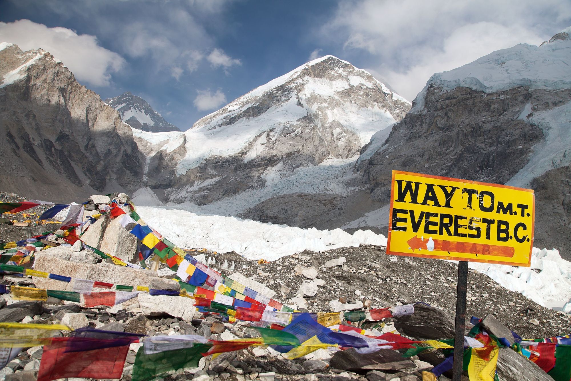 The Everest Base Camp sign surrounded by prayer flags, with a snowcapped peak in the background.