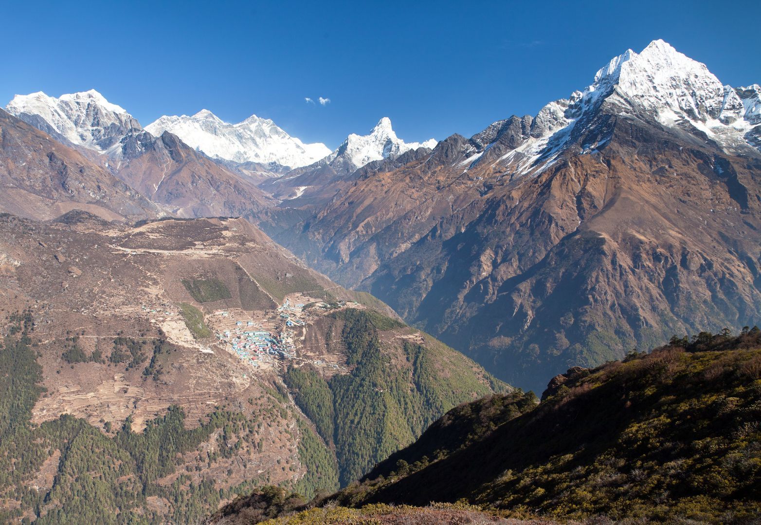 View of Mount Everest, Lhotse, Ama Dablam and Namche Bazar from Kongde, in Nepal's Sagarmatha National Park 