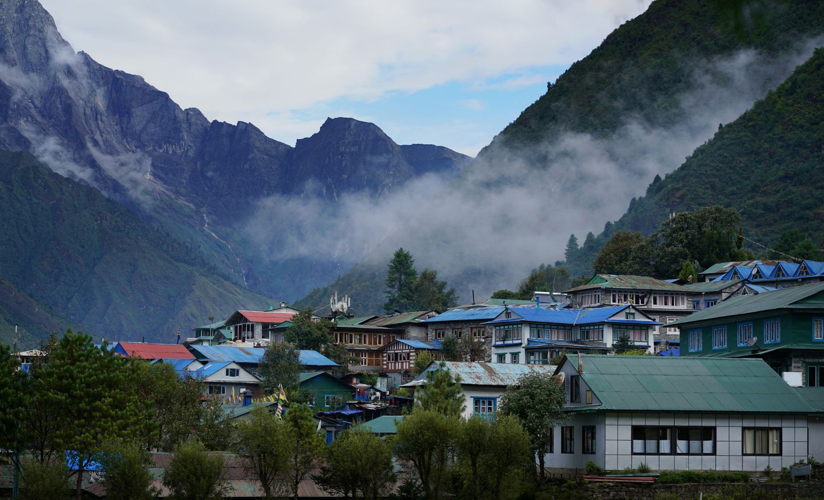 The scenic views over Lukla Town, nestles in amongst the mountains in Nepal