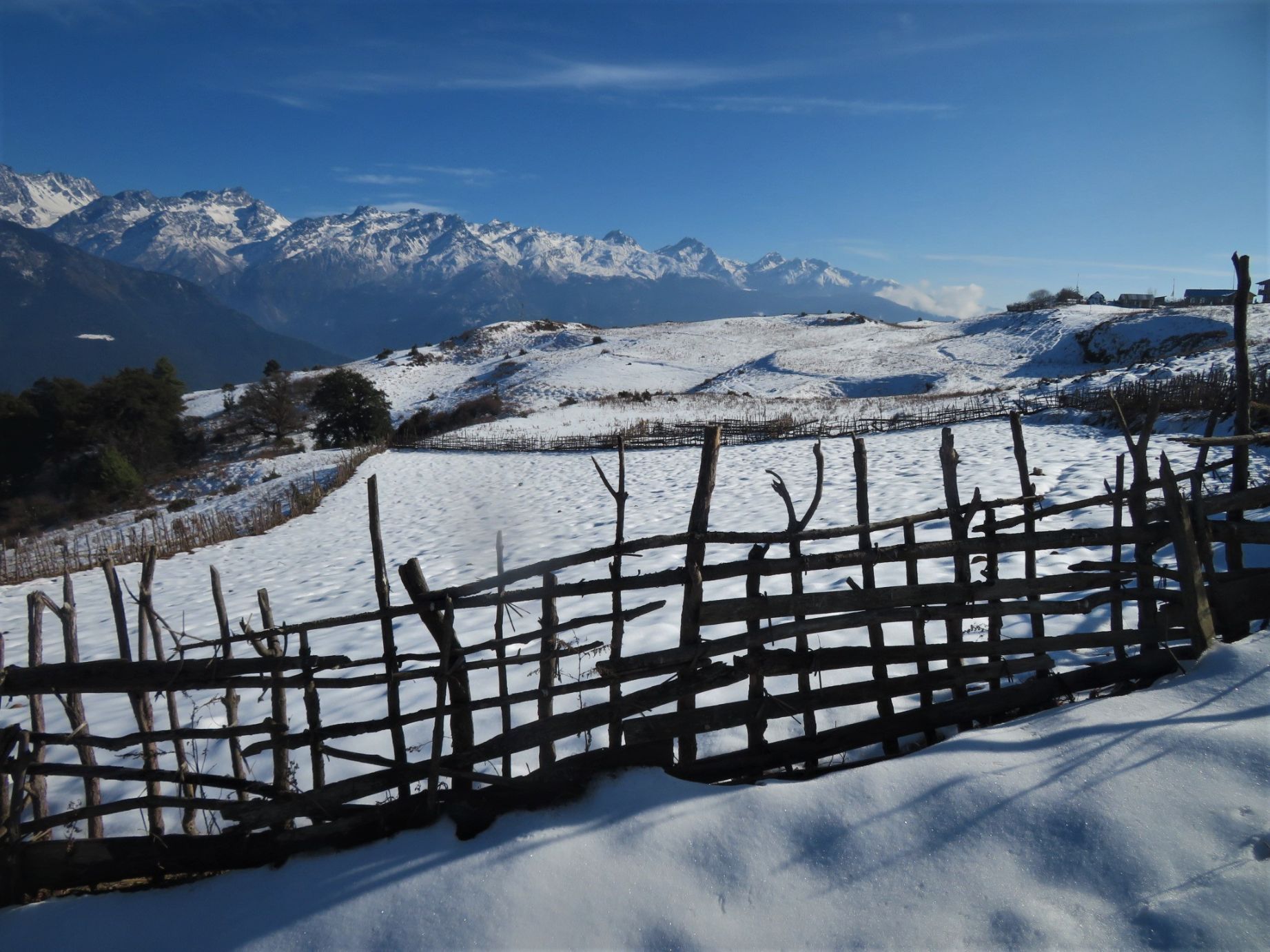 A snowy landscape along the route of the Tamang Heritage Trail, in Nepal's Langtang area.