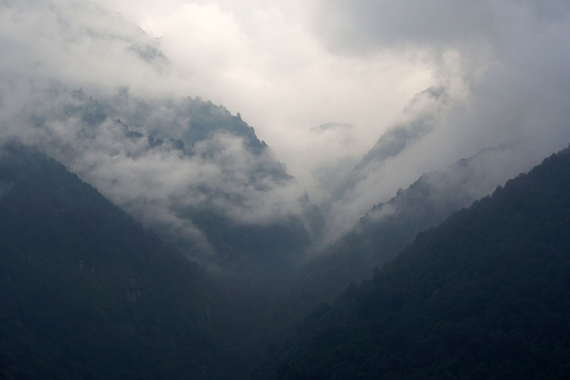 Annapurna Massif in Nepal, shrouded with clouds.