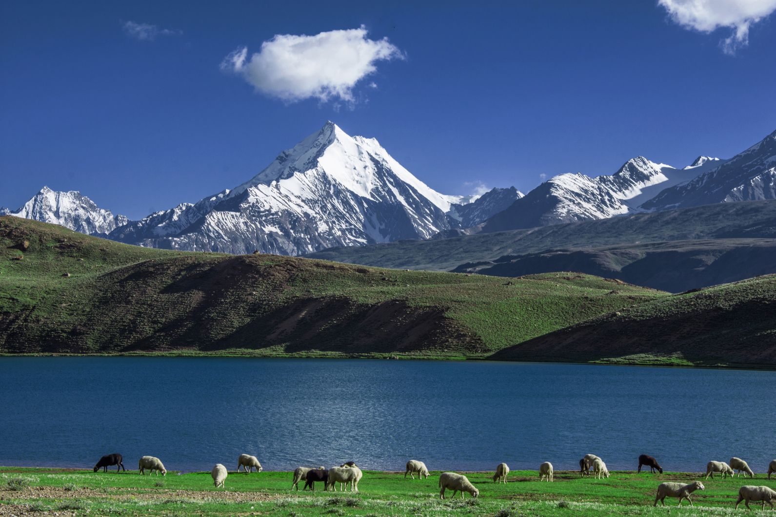 The beautiful Chandrataal Lake in the middle of the Himalayas