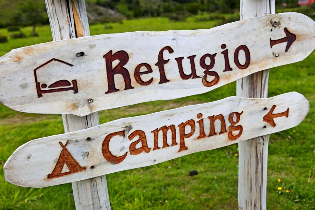 Camping and refugio sign in the Torres del Paine National Park. 