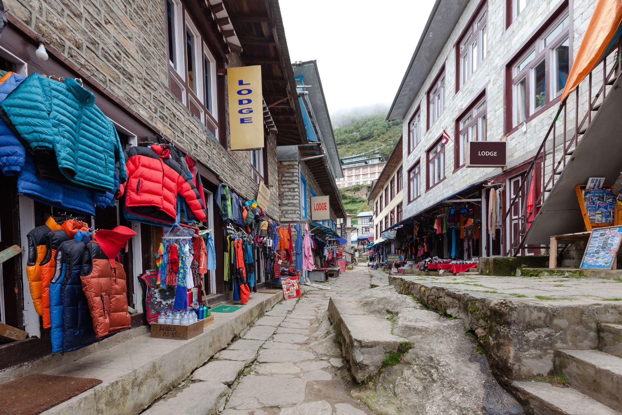 A market street in Namche Bazaar in the Khumbu region of Nepal