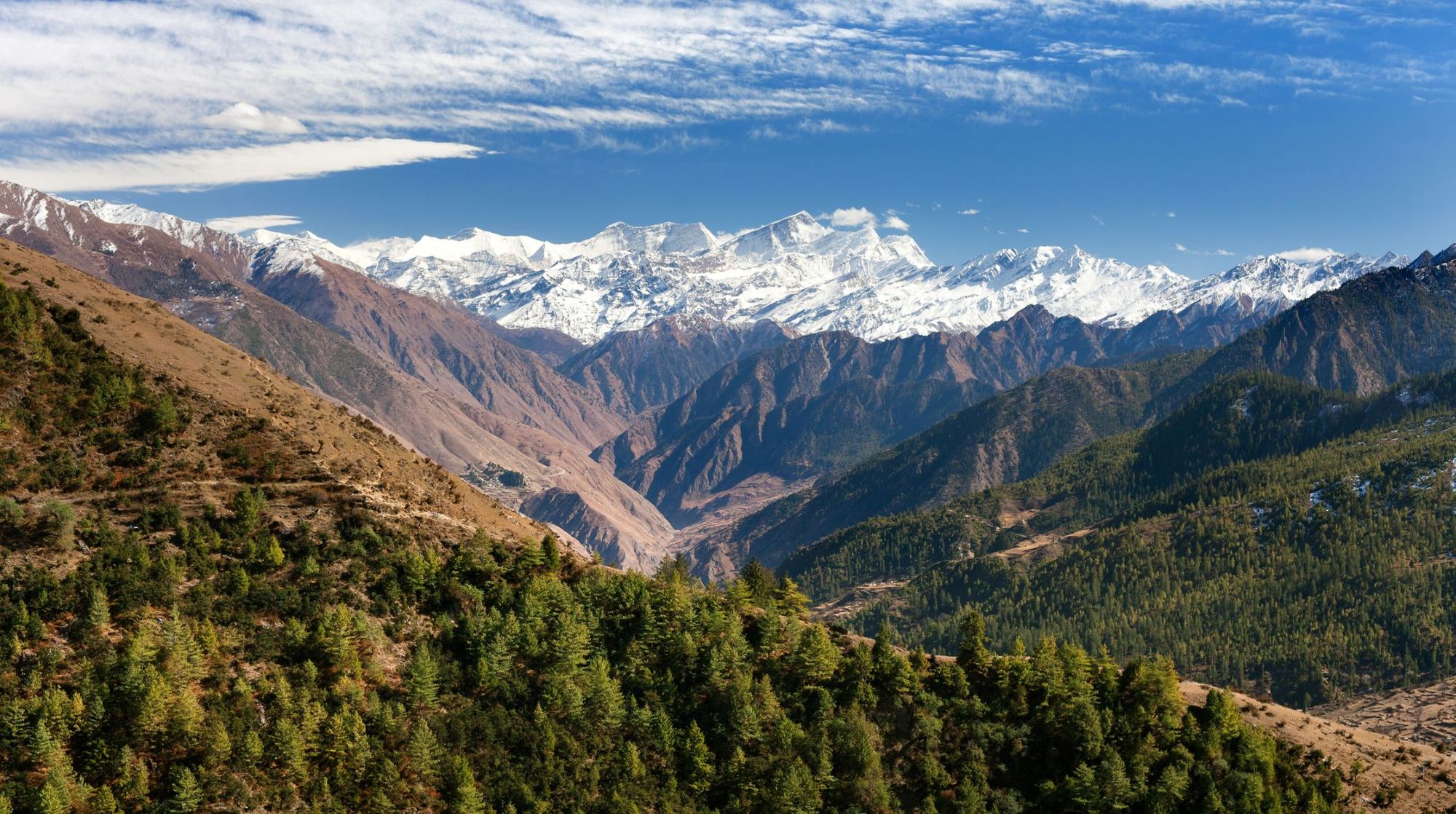 Lower Dolpo, and the landscape scenery around Dunai, Juphal villages and Dhaulagiri himal from the Balangra Lagna pass. Photo: Getty