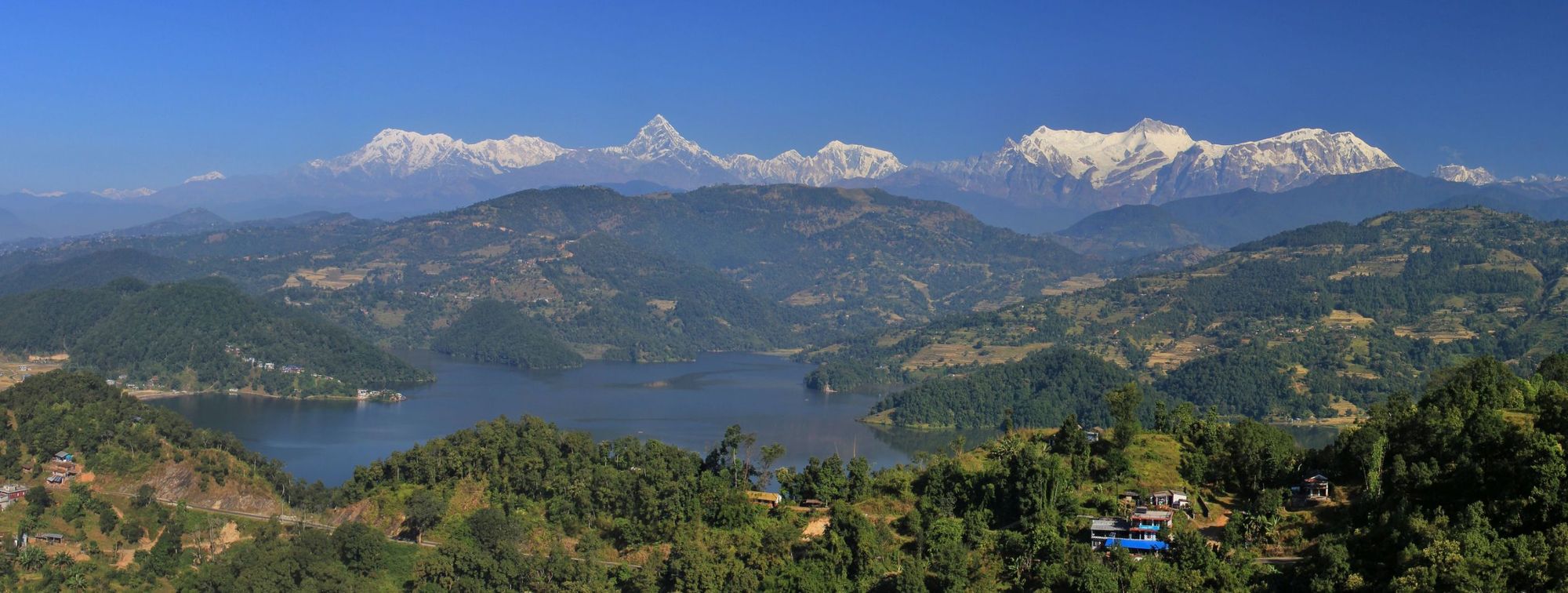 Begnas Lake, where the Royal Trek ends, with the beautiful backdrop of the Annapurna range
