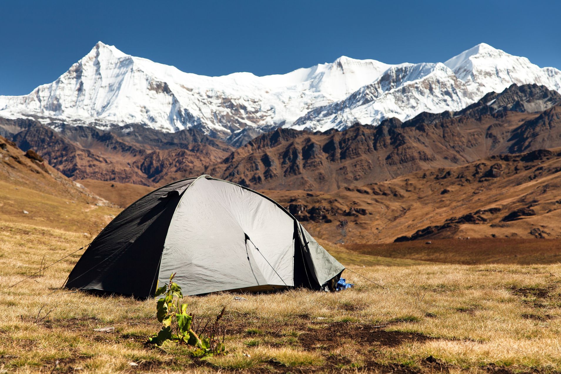 A tent pitched on the Putha Churen Himal and Dhaulagiri Himal, viewing Dhaulagiri VI in the western Nepalese Himalayas.