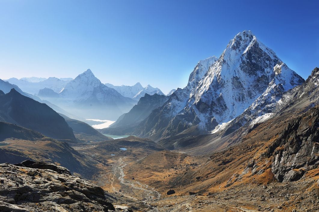 Ama Dablan and Cholatse peaks from Dzongla, on the Everest Base Camp hiking trail, Nepal.