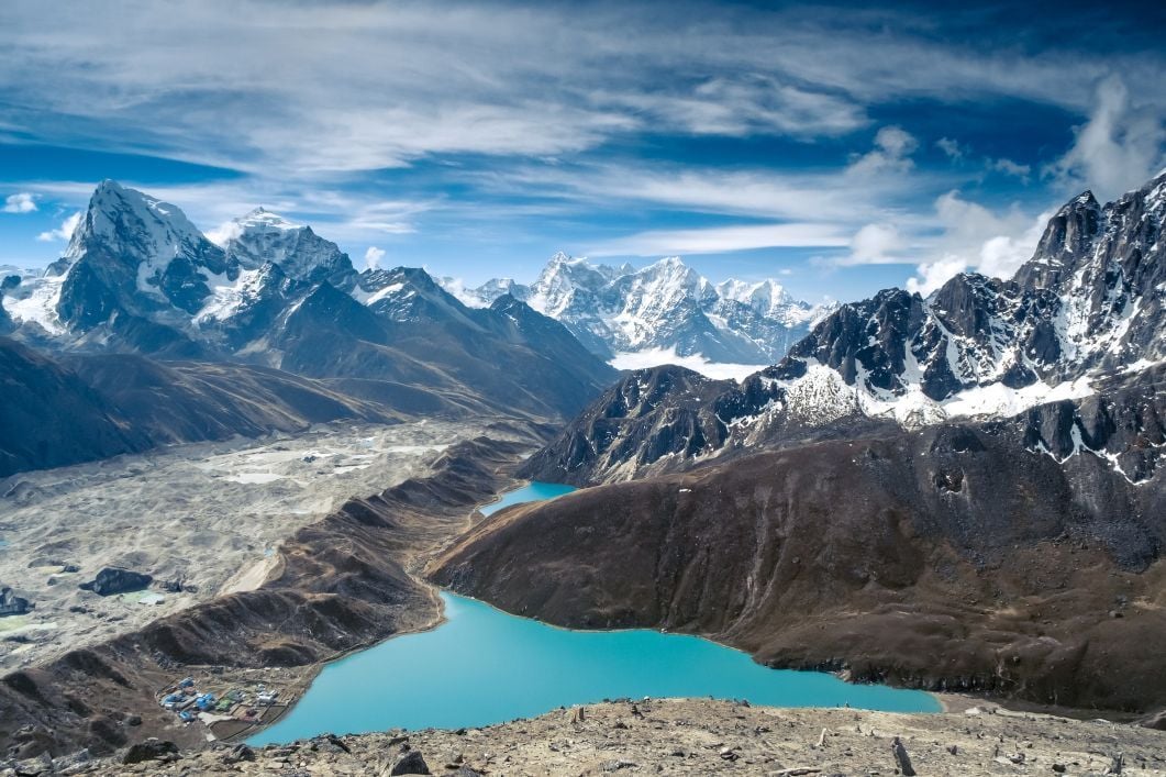 Goyko Lakes, Nepal, surrounded by snowcapped Himalayas