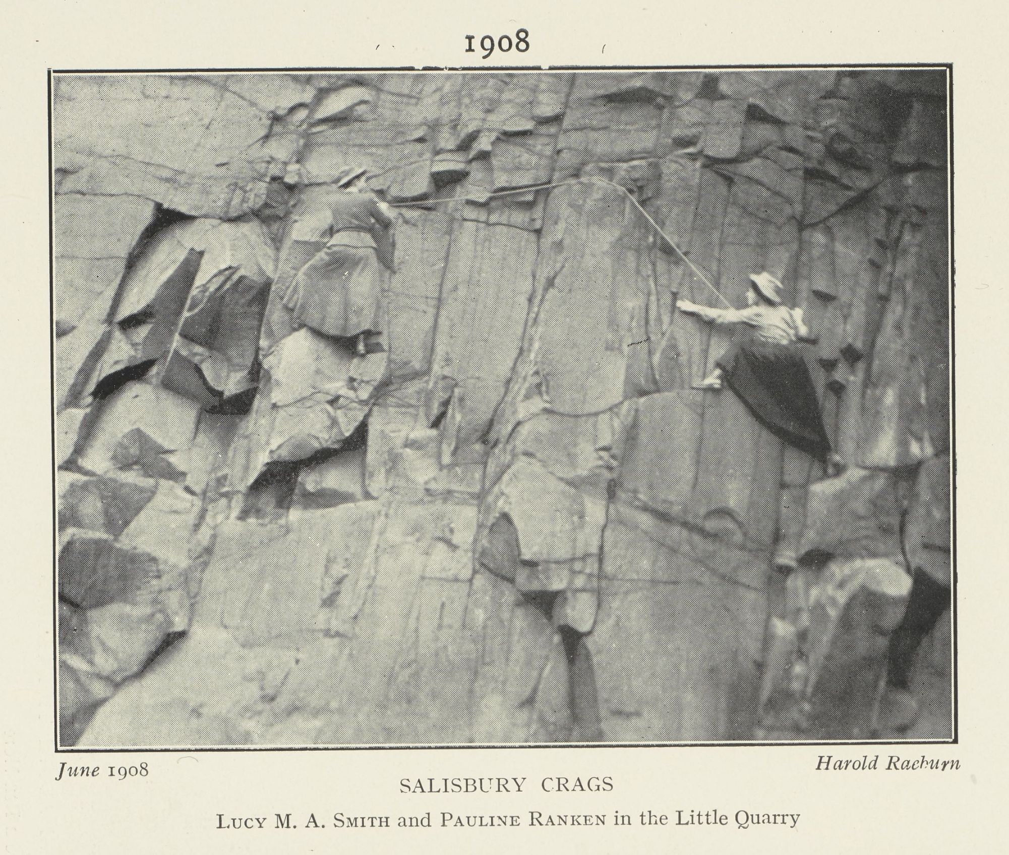 Lucy Smith and Pauline Ranken climbing on Salisbury Crags in Edinburgh. Photo: Ladies Scottish Climbing Club Journal, 1929.