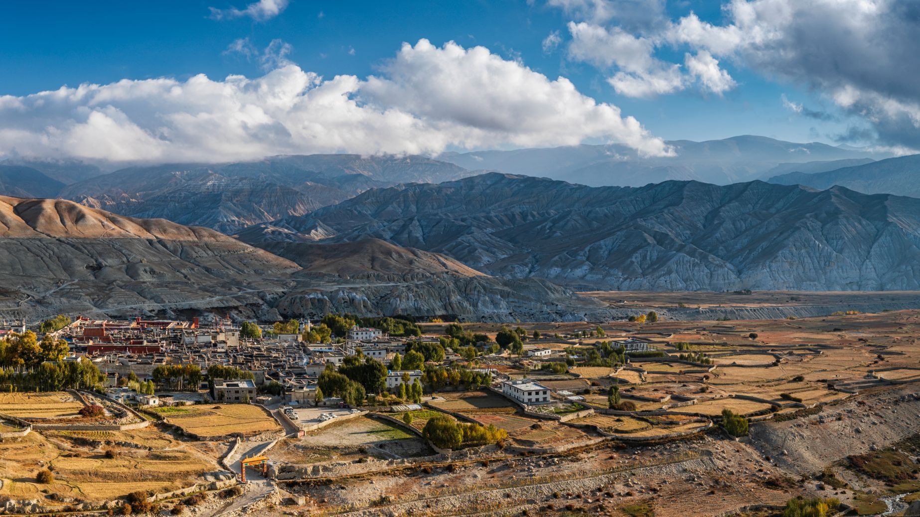 A panoramic view of Lo Manthang, the capital of the Mustang region in the Nepal Himalaya. 