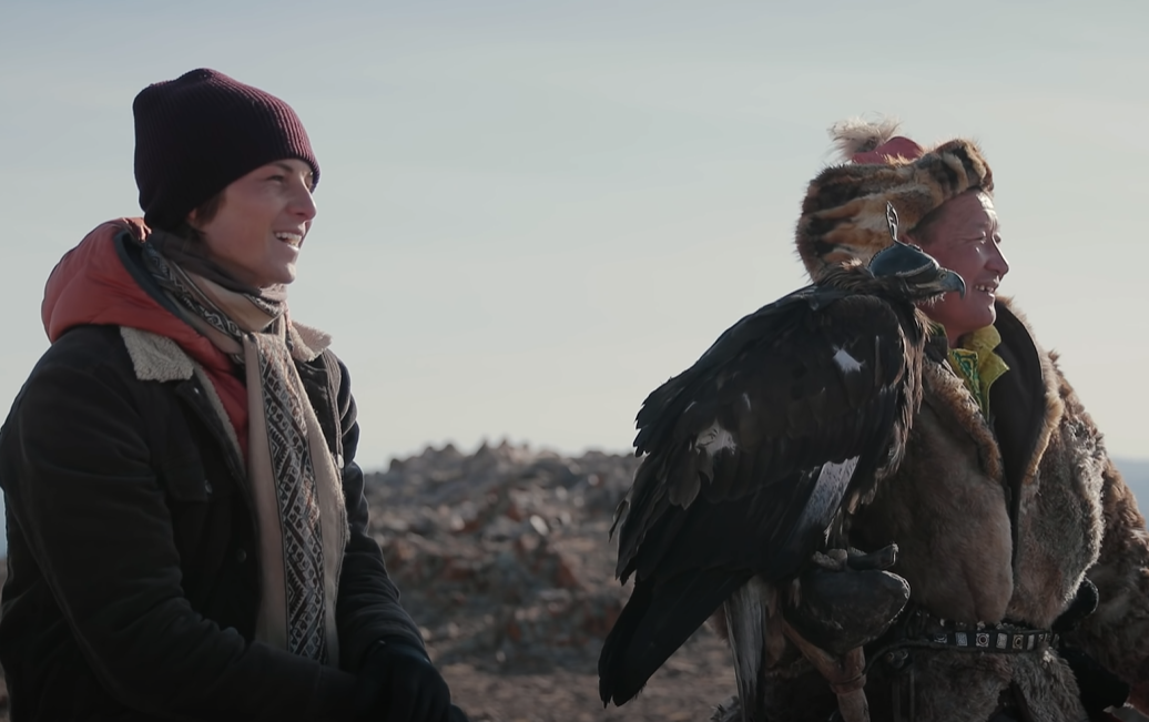 Filmmaker Sam Potter with Boushkhan, one of the Kazakh eagle hunters of Western Mongolia. 