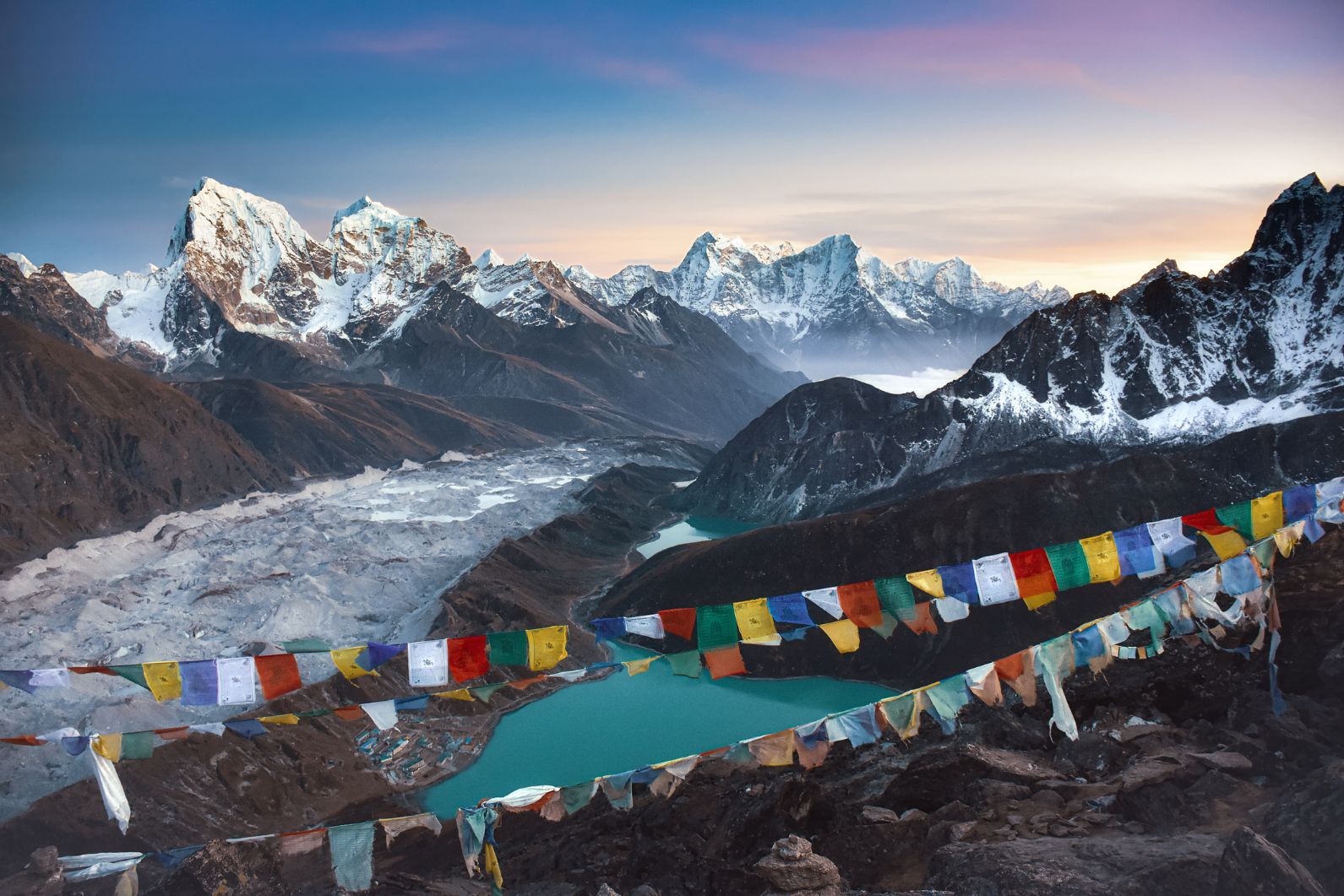 The stunning view of the 8,000ers, from Gokyo Ri at Sunset. Photo: Getty