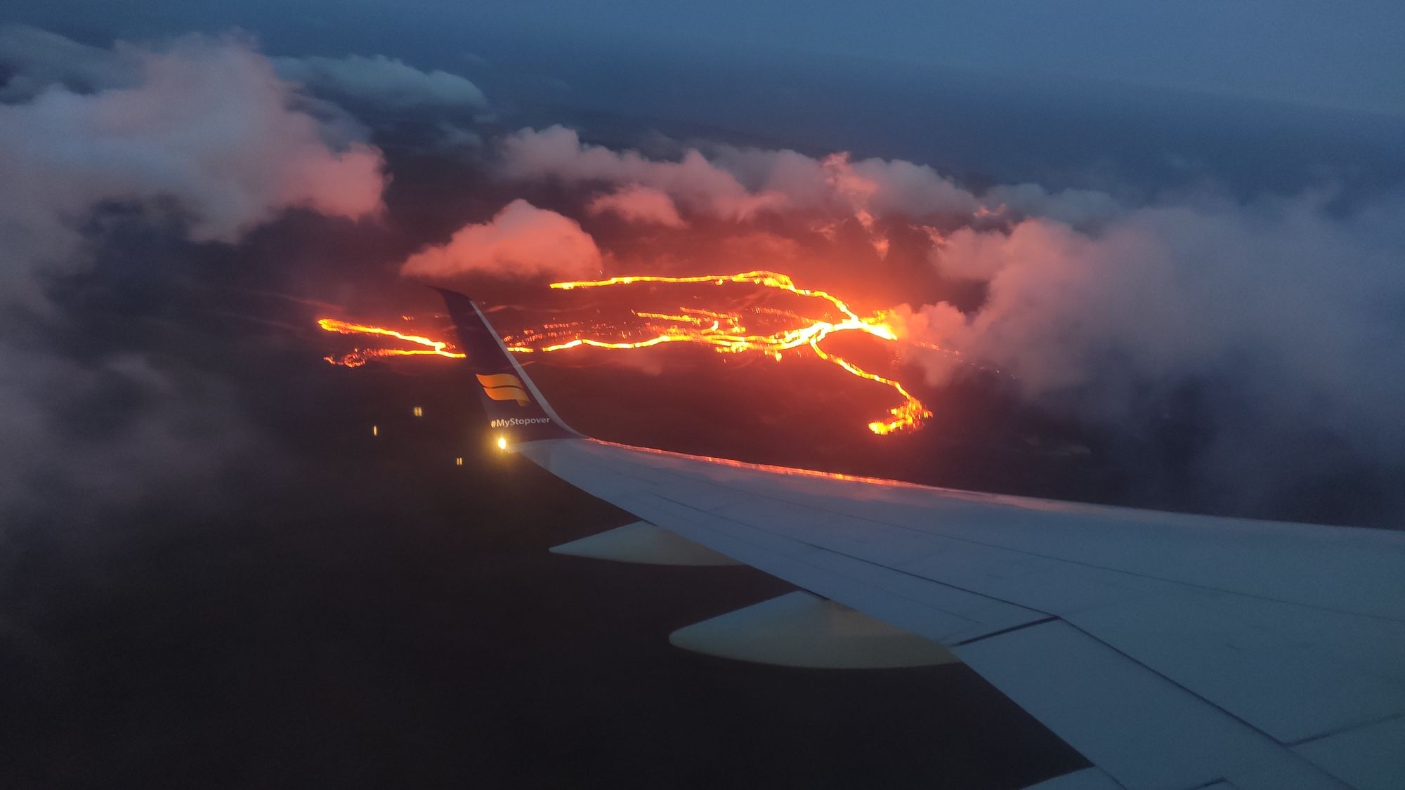 A shot from an airplane window of the active volcano at Fagradalsfjall, in Iceland.