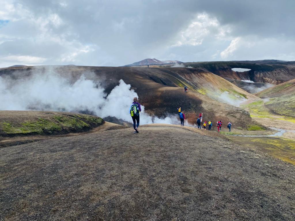 Hikers walking the Laugavegur Trail in Iceland.