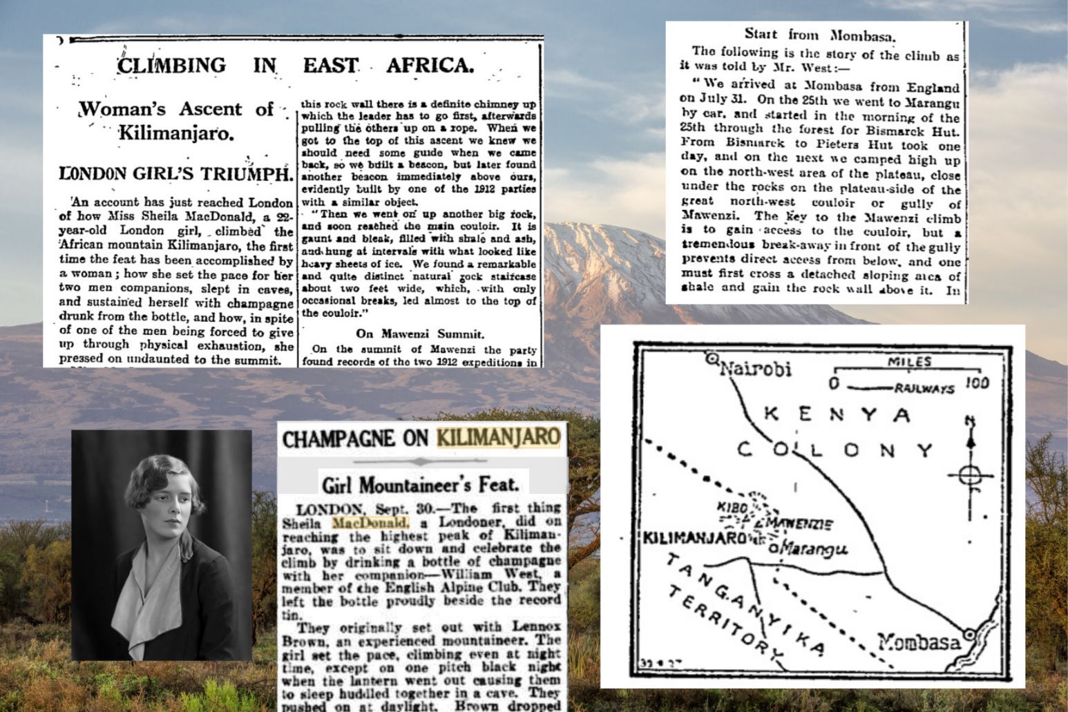 A collage of newspaper clippings showing Sheila MacDonald's achievement, of being the first woman to climb Kilimanjaro.