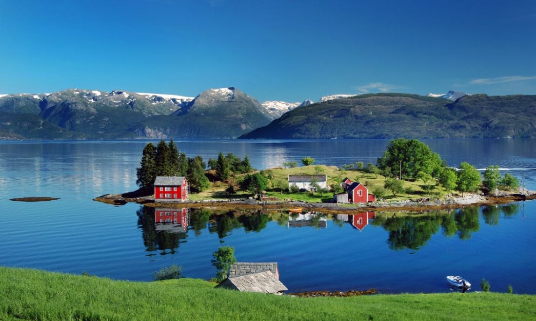 An island in Hardangerfjord in the summer.