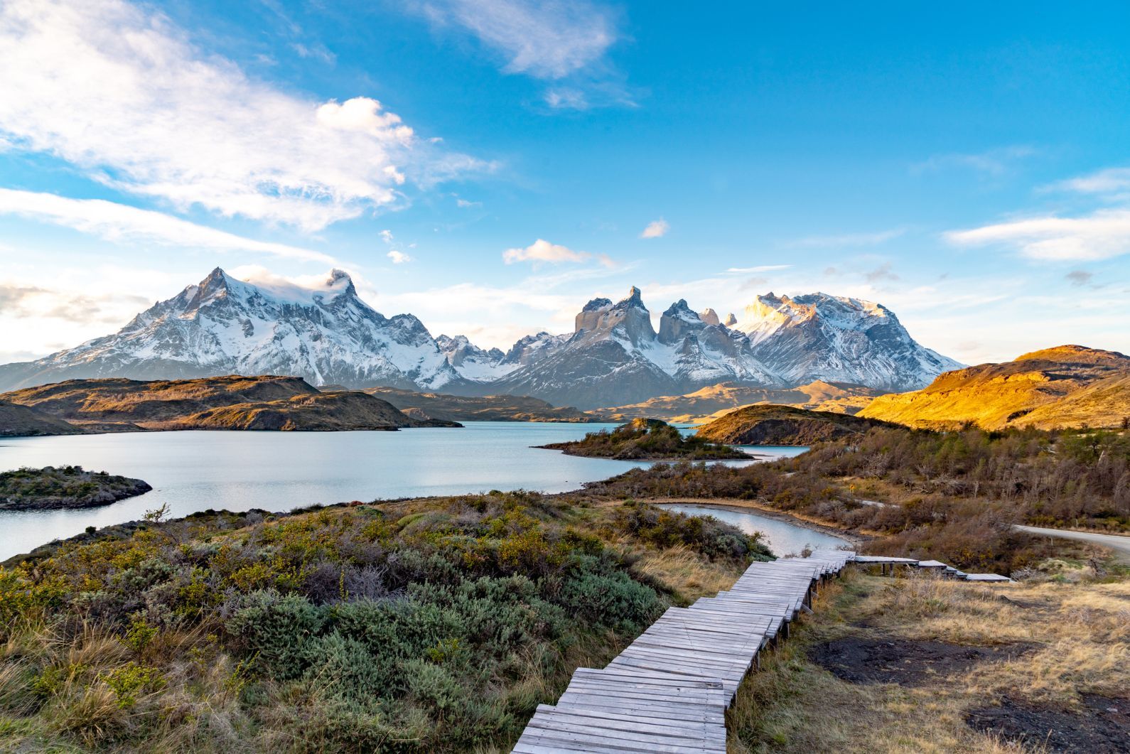 The view from the boardwalk, onto the signature craggy peaks of Torres del Paine National Park.