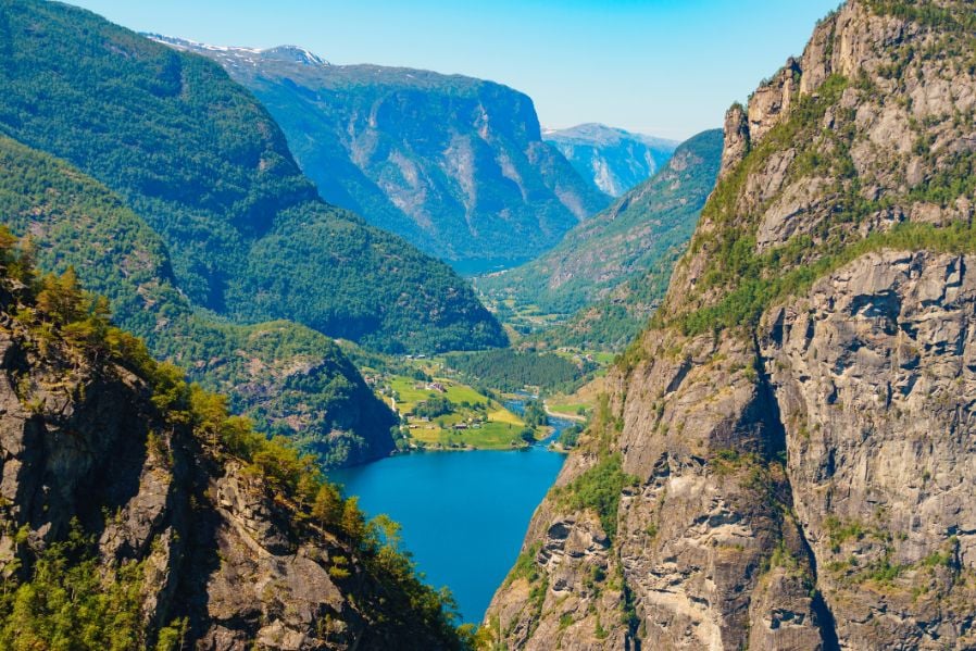 The Aurlandsdalen Valley and Lake Vassbygdevatnet, a beautiful spot for hiking in Norway.