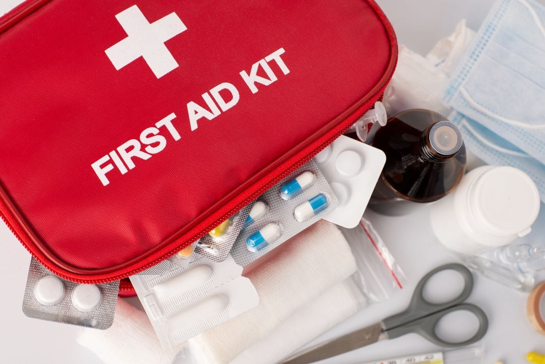 A close up of a first aid kit.