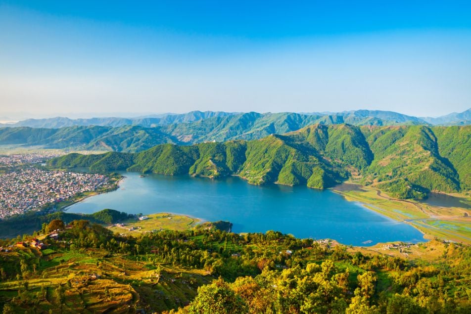 View over Phewa Lake with Pokhara city on the left