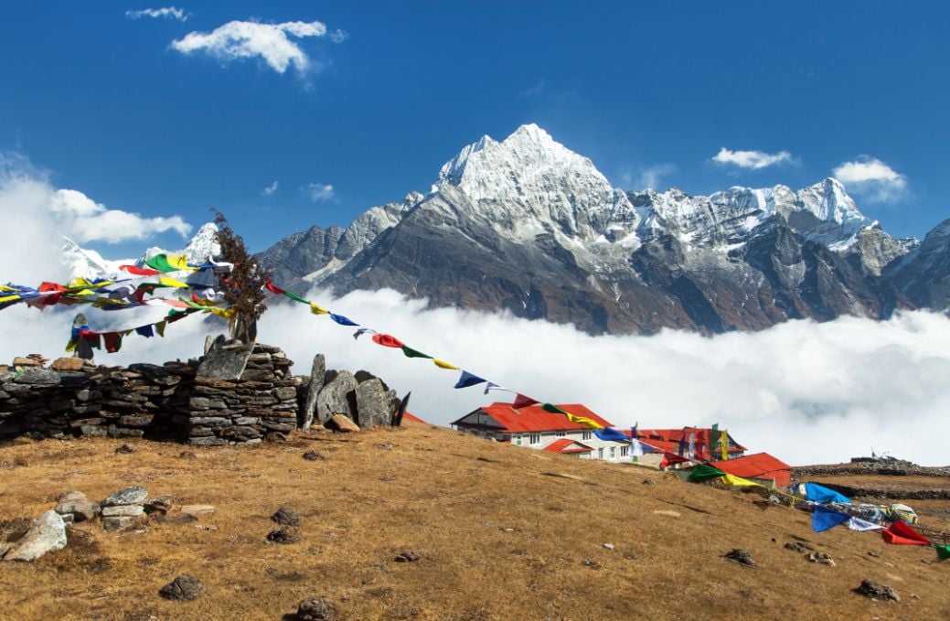 Thamserku, Kongde village and prayer flags