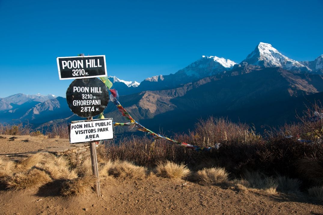 The signpost for Poon Hill, in the Annapurna Region of the Himalayas