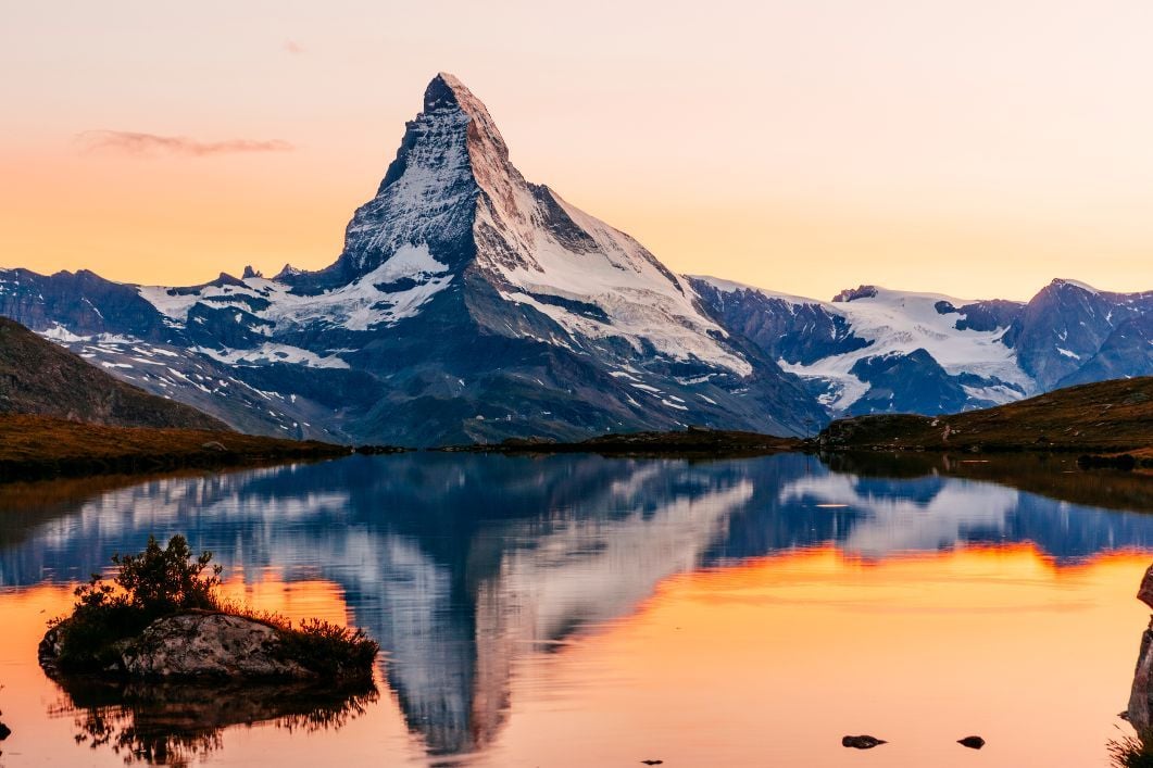 The Matterhorn, in the Swiss Alps, at sunset.