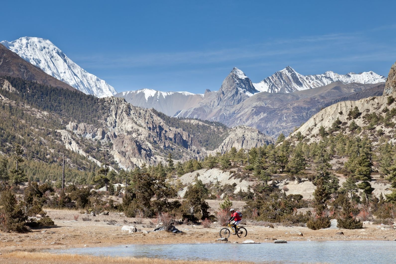 Riding in the Annapurna Conservation Area, near Manang. In the background, the icecaped summit of Tilicho Peak (7,134m). Photo: Getty
