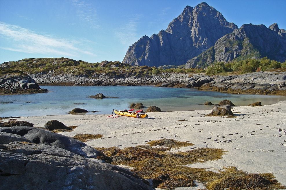 A kayak on an isolated beach in the Lofoten Islands, Norway
